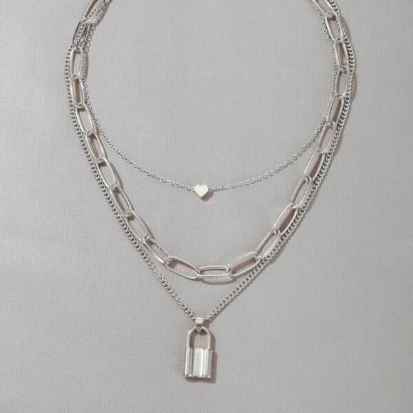 Sterling Silver 3-Layer Chain Necklace | Heart & Lock Pendant - Picture 2 of 4